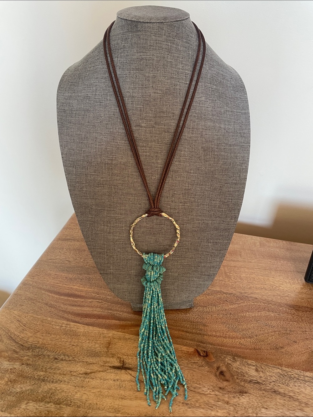 Natasha Boho Western Long Turquoise Beaded Tassel Necklace with Gold Ring